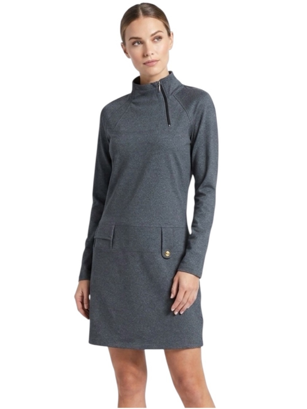 LOLË Women's Evolt Heather Charcoal Grey Zip-Neck Dress Sz M Stretchy